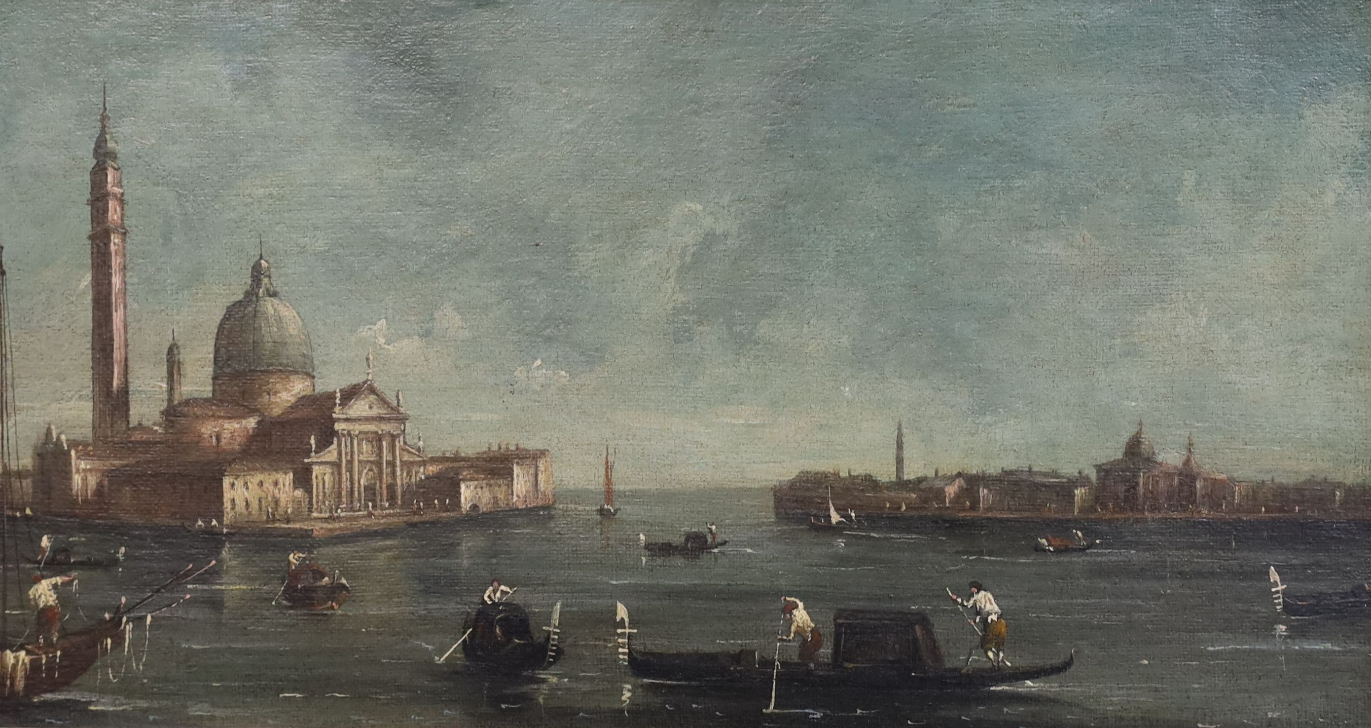 After Francesco Guardi (Italian, 1712-1793), Views of Venice, oil on canvas, a pair, 24 x 44.5cm